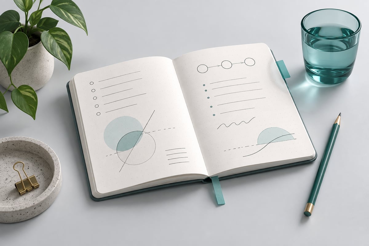 An open notebook and pencil with a translucent teal bookmark.