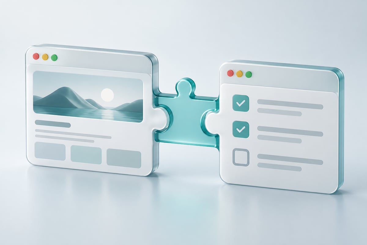 A browser window connected to a task window by a teal bridge.