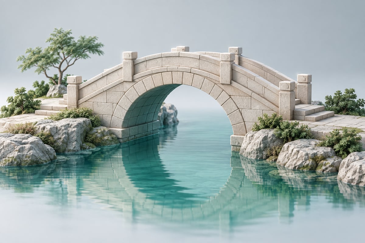 An arched bridge assembled from geometric stone blocks over teal water.