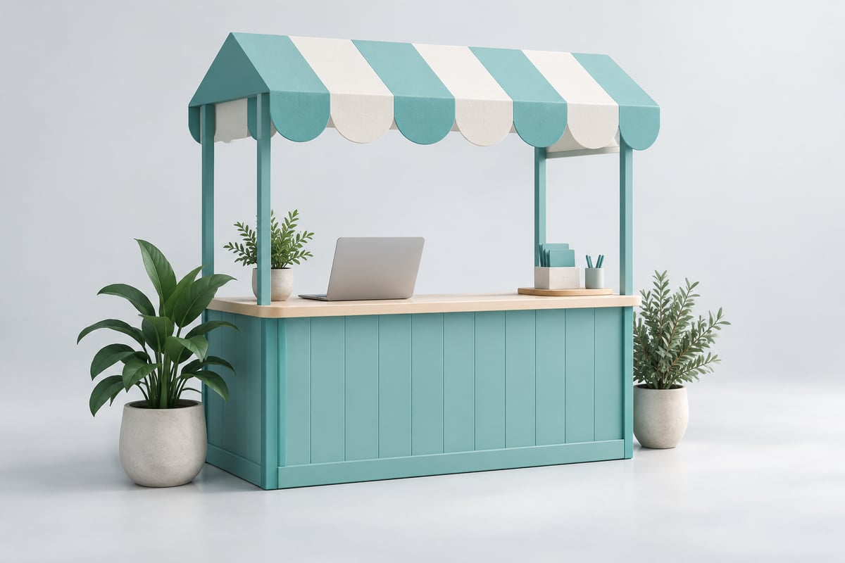 A small teal pop-up kiosk with a laptop on its counter.