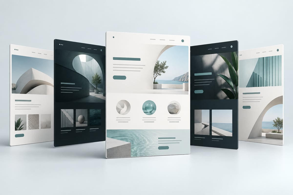Five different website concepts arranged in a fan.