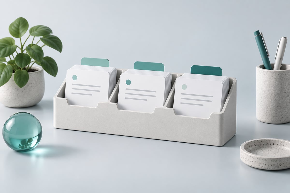 Conversation cards sorted into a tidy three-compartment organizer.