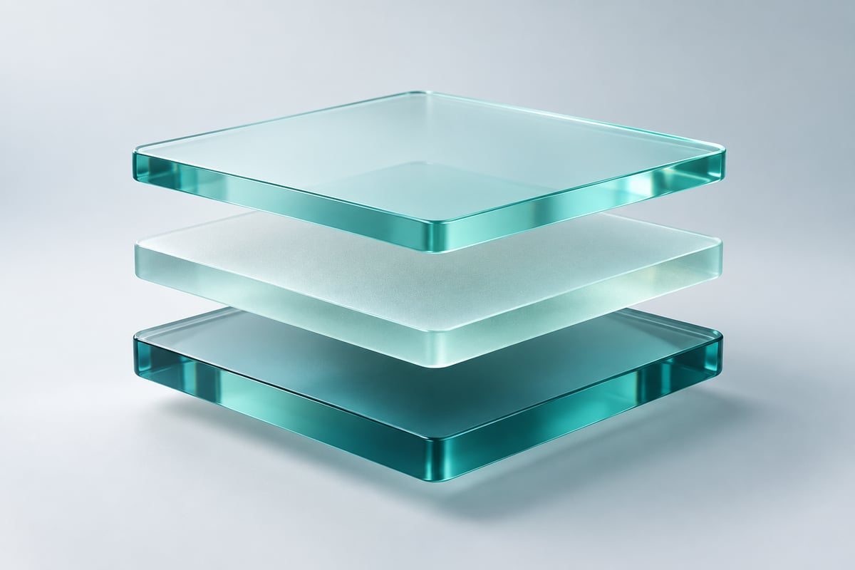 Three translucent teal glass layers stacked vertically.