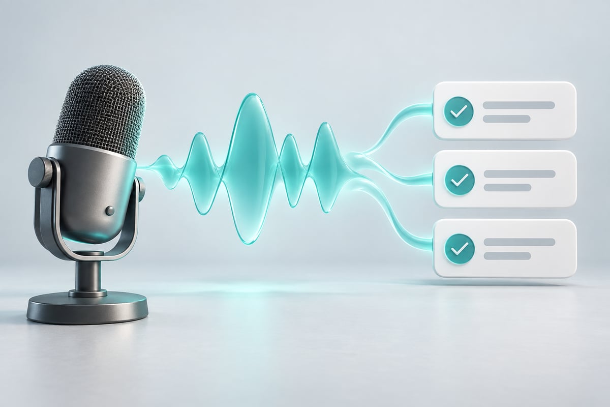 A microphone with a teal waveform turning into organized task tiles.